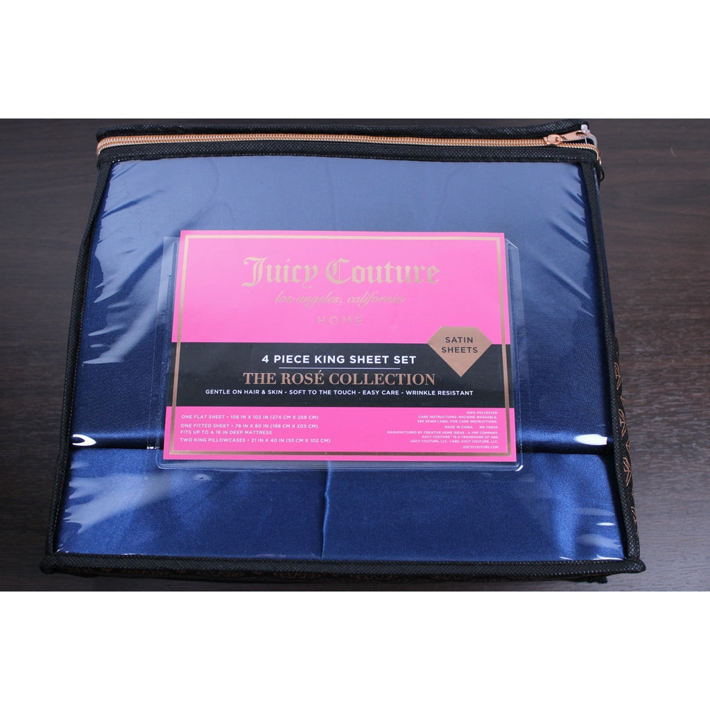 Juicy Couture Royal Blue Satin 4pc KING Sheet Set Easy Care Soft Sleek Smooth