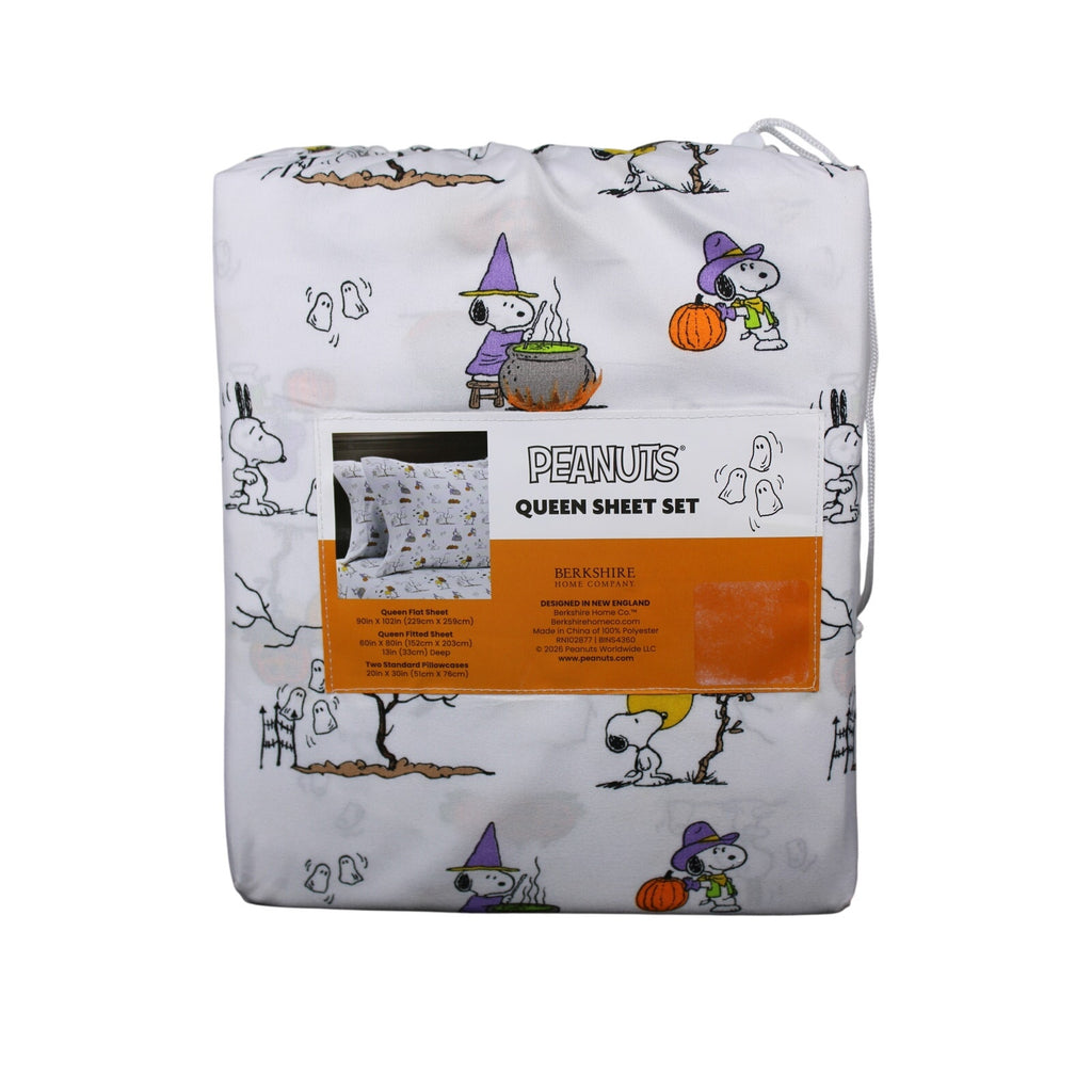 Peanuts 4pc Halloween Snoopy Woodstock QUEEN Sheet Set White Berkshire