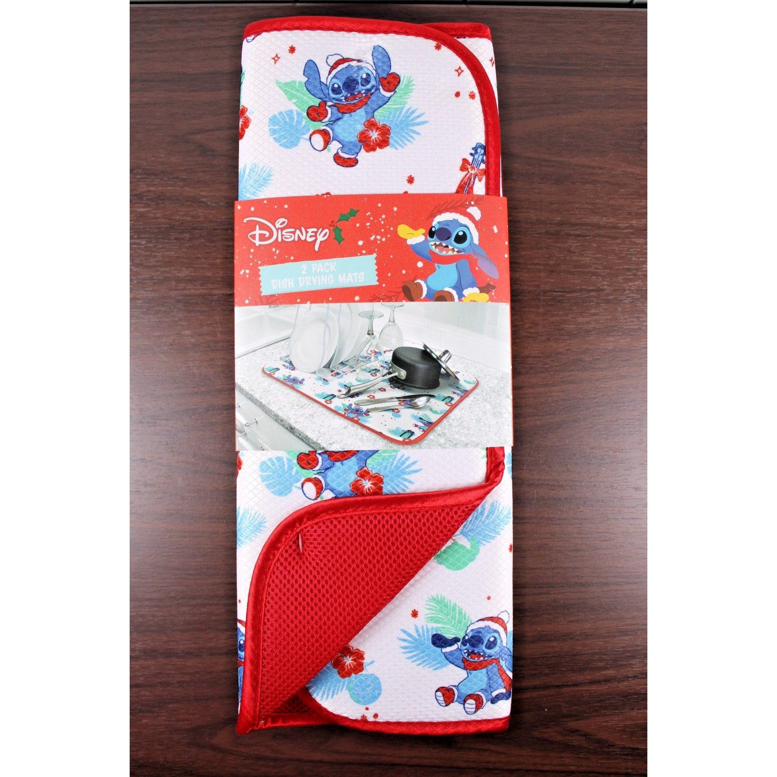 Disney Santa Hat Stitch Hawaiian Aloha Christmas Dish Drying Mat 16”x18”