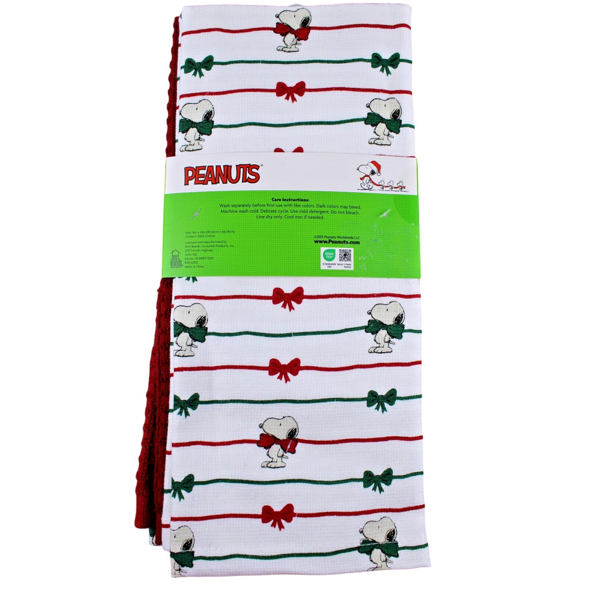 Peanuts Snoopy Red and Green Christmas Bows 3 pc Kitchen Towel Set 18x28 Cotton