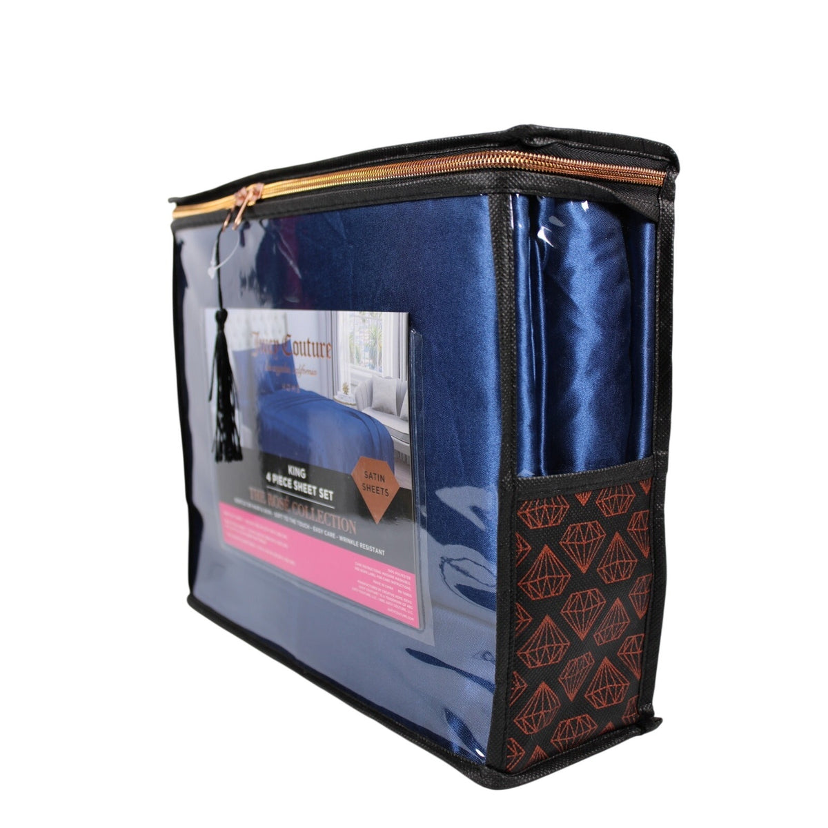 JUICY COUTURE 4-Piece Blue Satin Sheet Set - King Size - The Rosé Collection