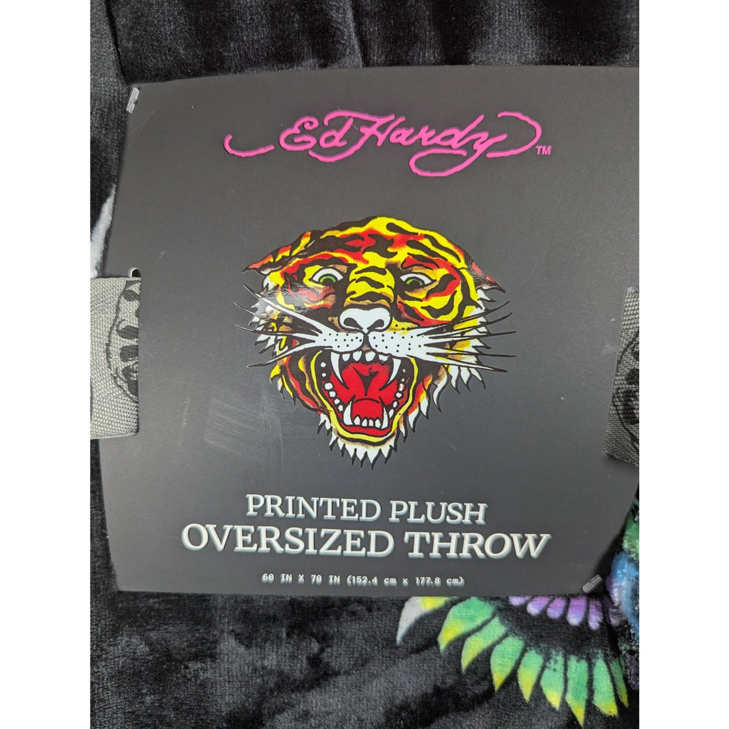 Ed Hardy Printed Plush Oversized Throw Blanket Black Parrot Tattoo Art 60x70 NEW