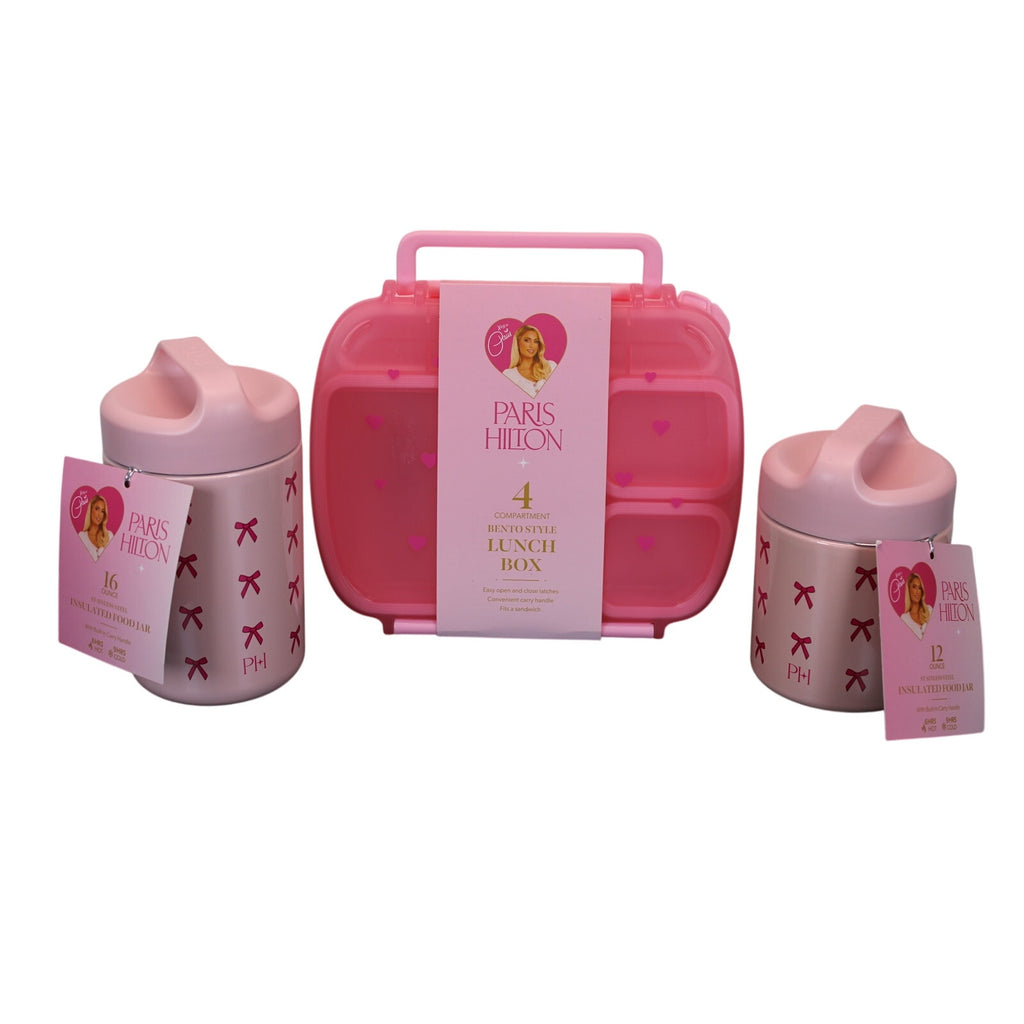 Paris Hilton 3-Pc Bento Lunch Box & Insulated Jar Set Pink Bows