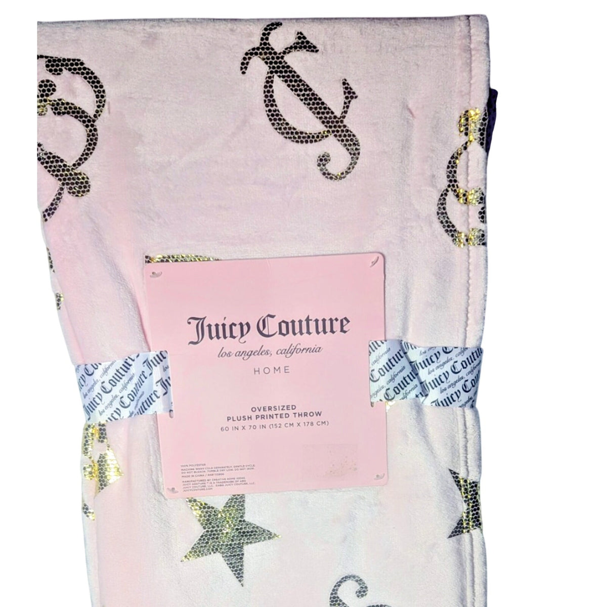Juicy Couture Pink Plush Throw Blanket 60" X 70" Oversized, Crown, Stars, Hearts