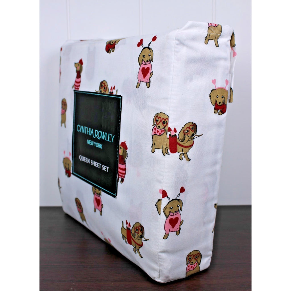 CYNTHIA ROWLEY Queen Sheet Set Weenie Dogs Valentines Hearts DACHSHUND