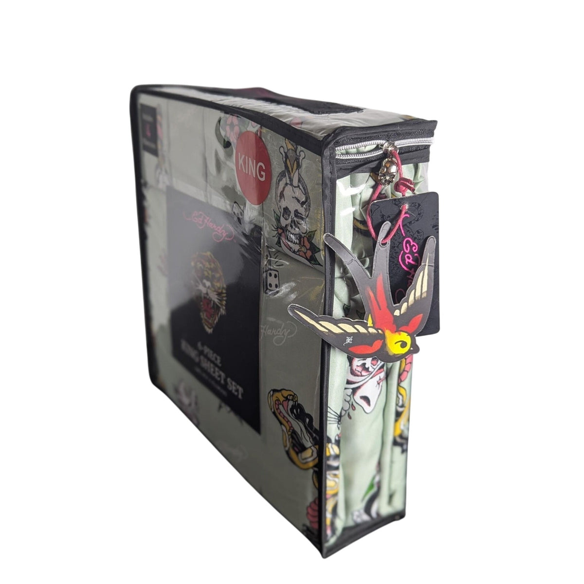 Ed Hardy 6-pc King Sheet Set w/4 Pillowcases, Skulls, Snake, Bird, Tiger- Green