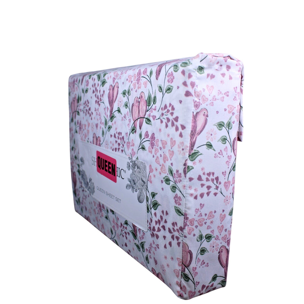 Shabby Chic Farmhouse Cottage Queen Sheet Set Pink and Mauve Lovebirds & Hearts