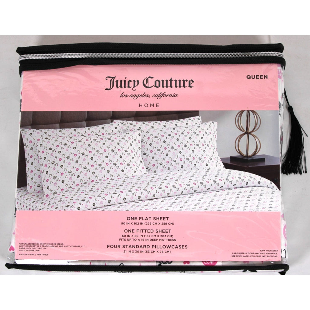 Juicy Couture QUEEN Bed Sheets 6 Pcs. Crown, JC logo, Hearts, Stars