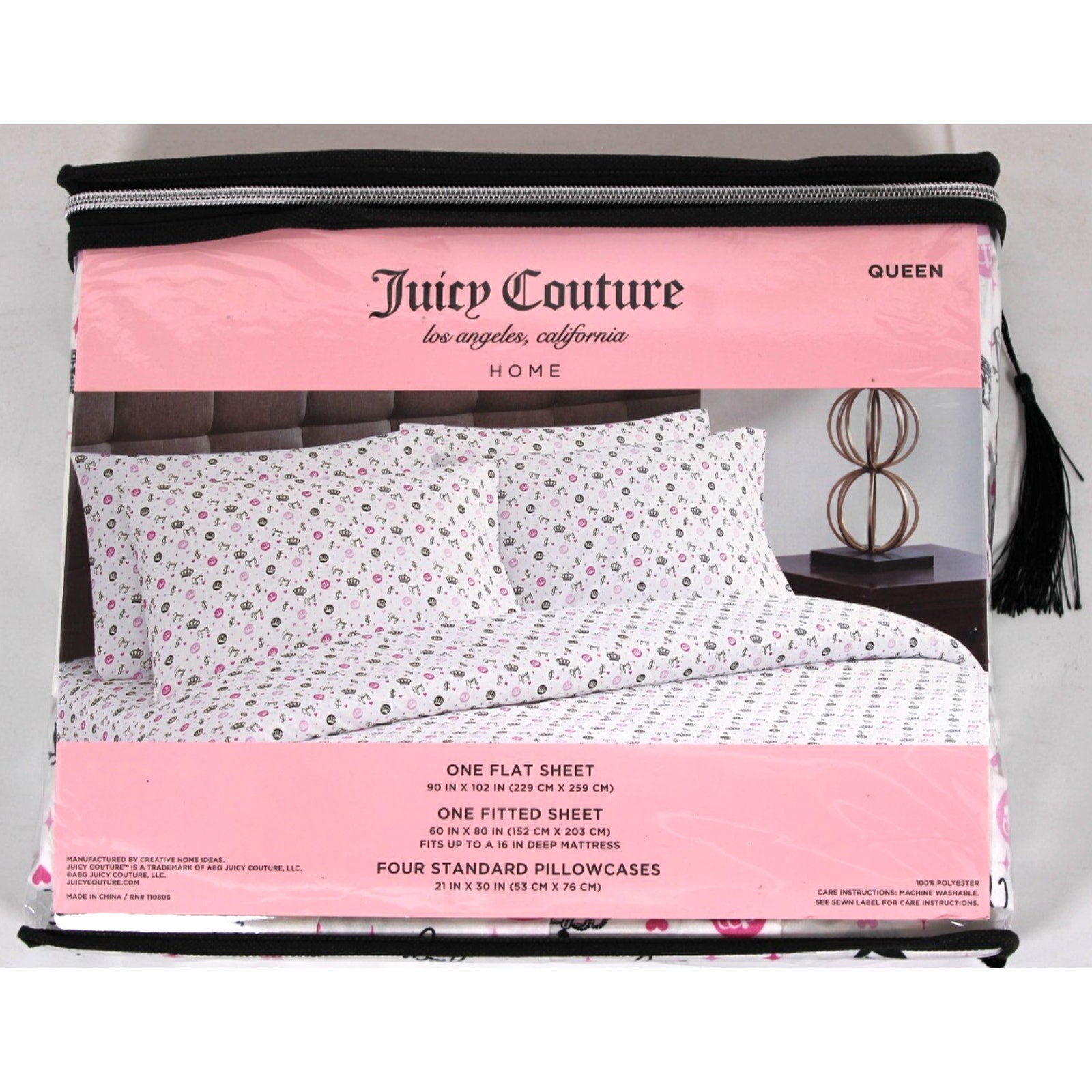 Juicy Couture QUEEN Bed Sheets 6 Pcs. Crown, JC logo, Hearts, Stars