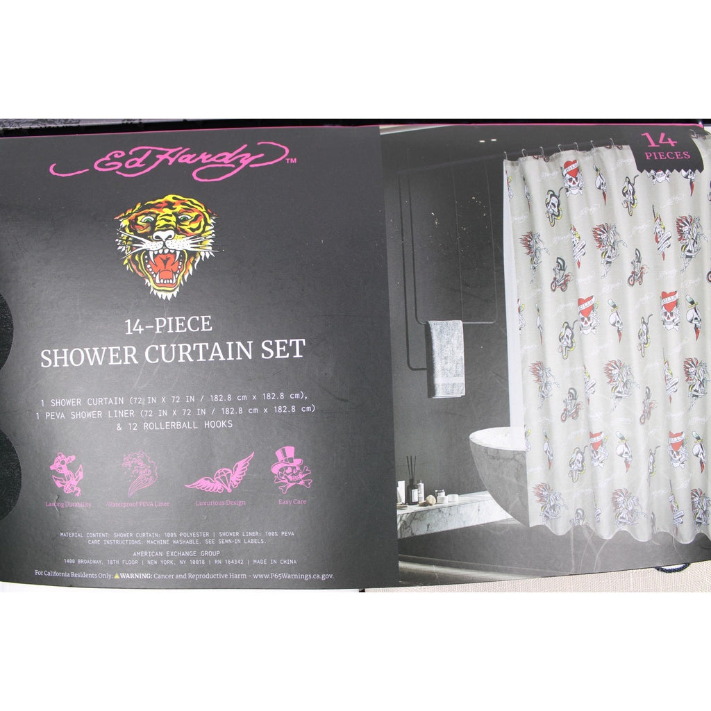 Ed Hardy 14 Piece Shower Curtain Set, Chopper Biker Skulls NWT