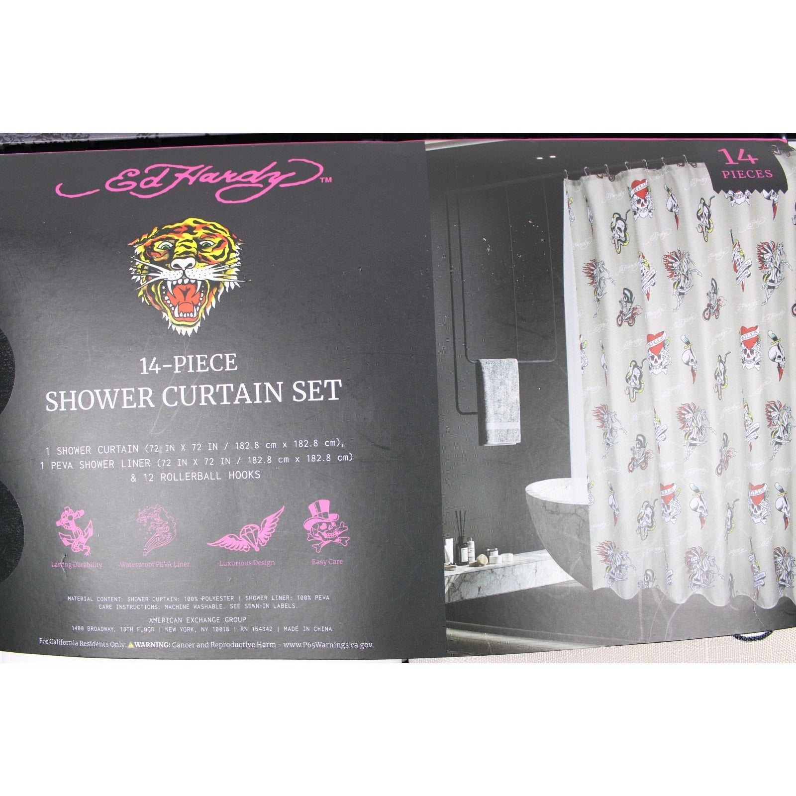 Ed Hardy 14 Piece Shower Curtain Set, Chopper Biker Skulls NWT