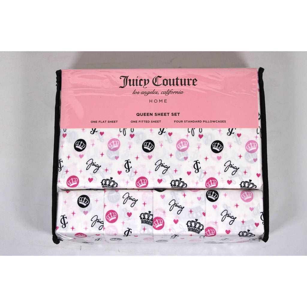 Juicy Couture QUEEN Bed Sheets 6 Pcs. Crown, JC logo, Hearts, Stars