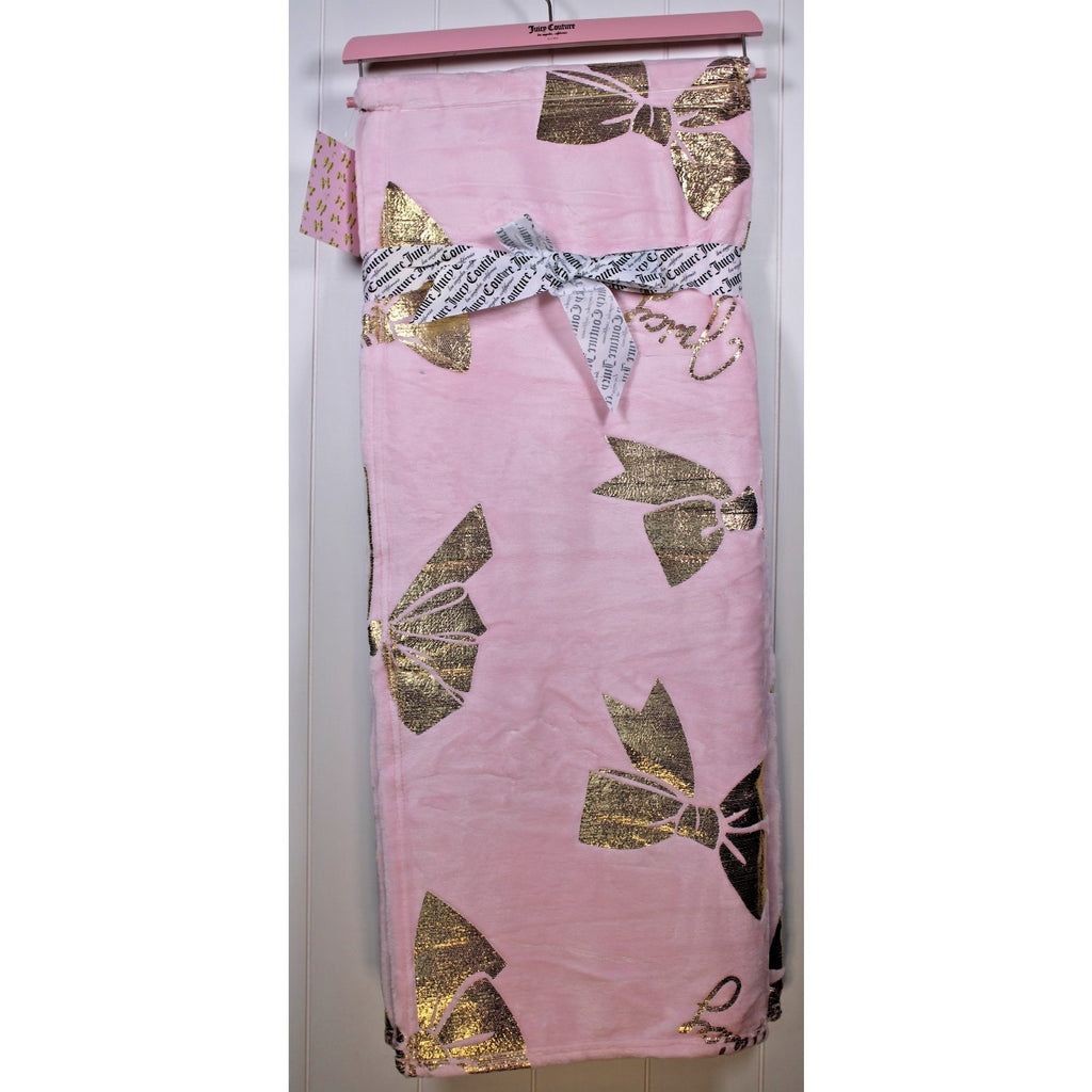Juicy Couture Pink Plush Throw Blanket 60" X 70" Oversized, Gold Bows, Juicy
