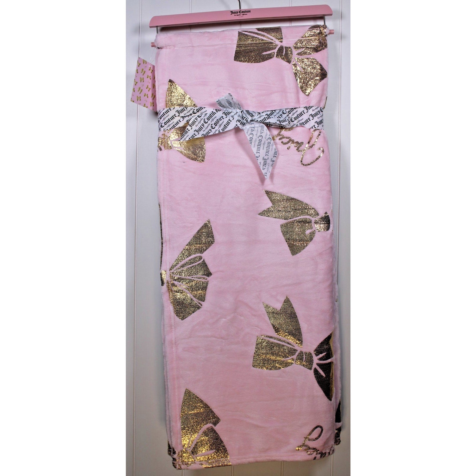 Juicy Couture Pink Plush Throw Blanket 60" X 70" Oversized, Gold Bows, Juicy