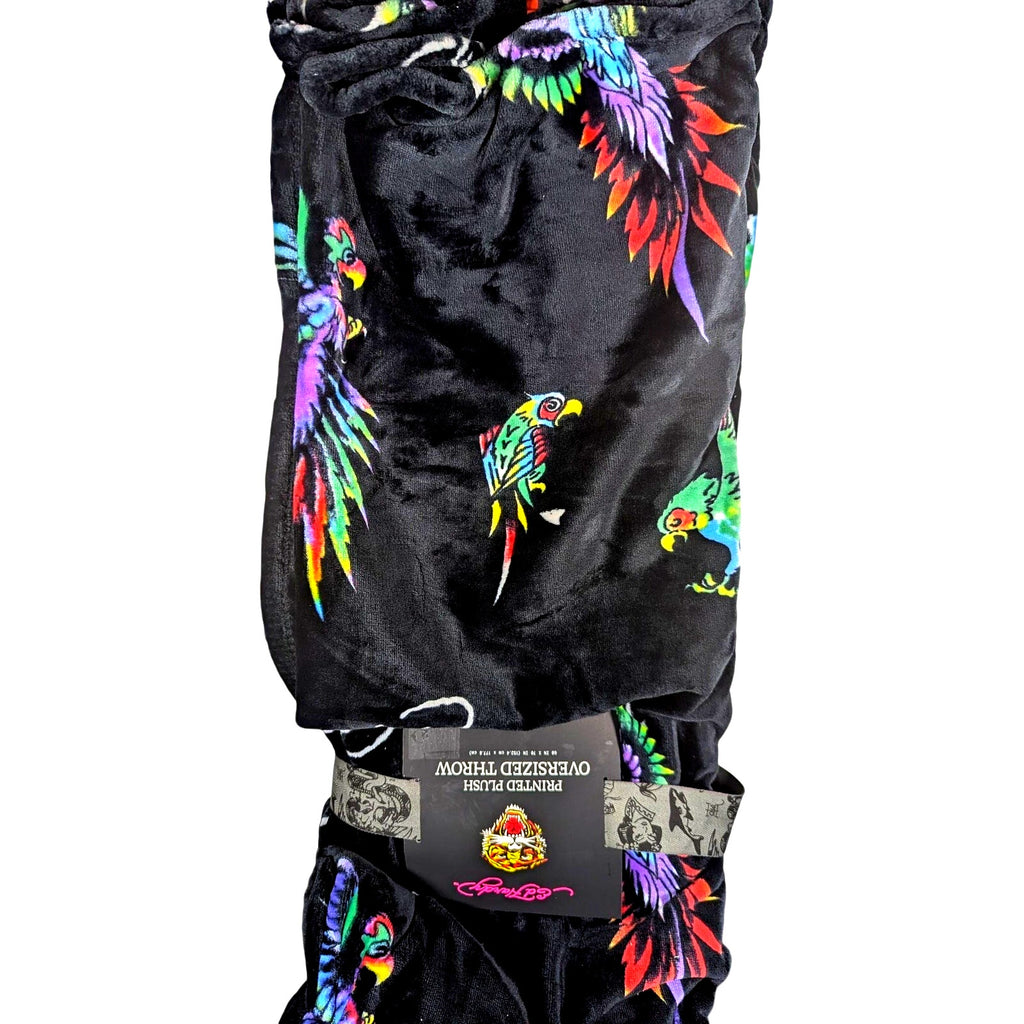 Ed Hardy Printed Plush Oversized Throw Blanket Black Parrot Tattoo Art 60x70 NEW