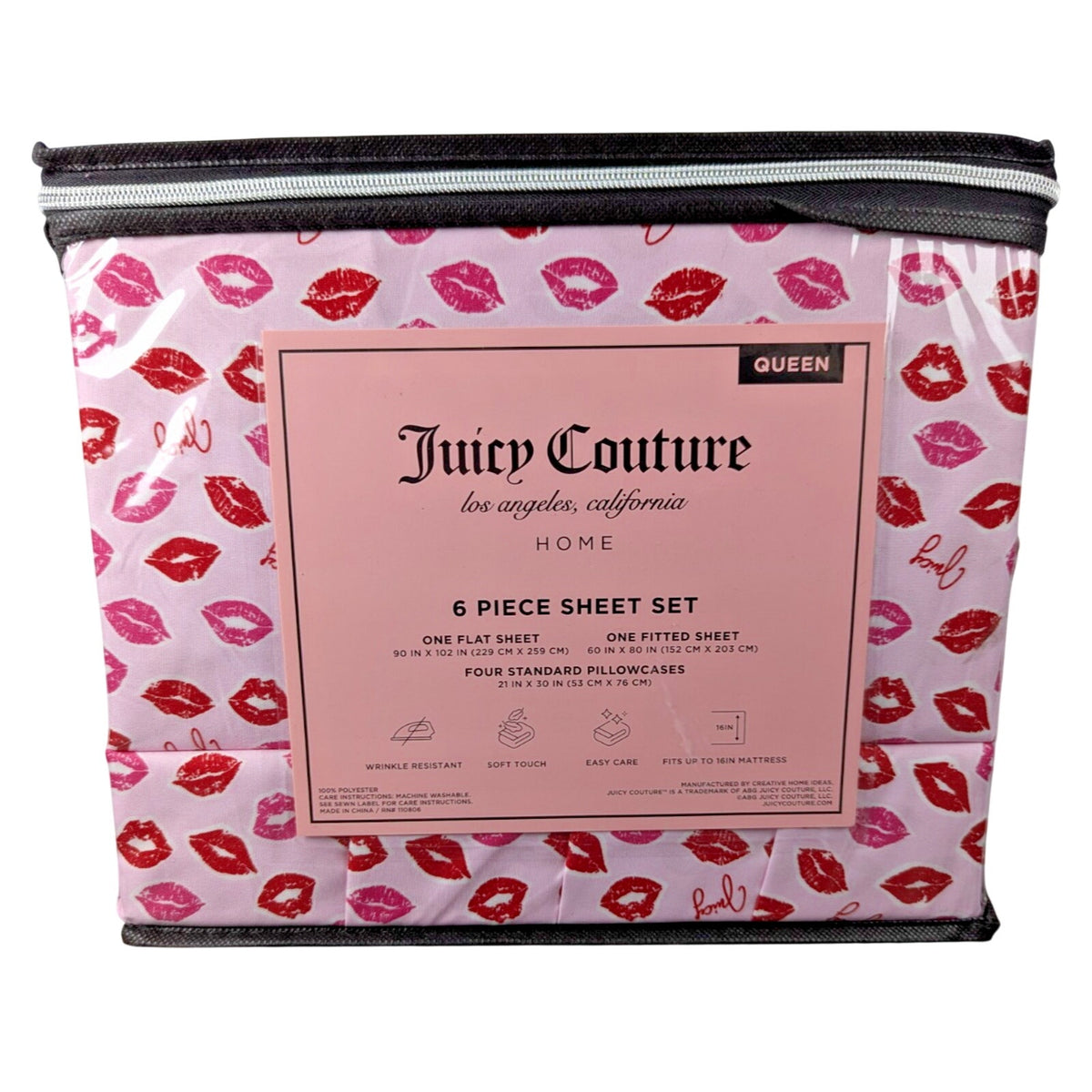 Juicy Couture Queen 6 Piece Sheet Set - Juicy Logo with Lip Pattern