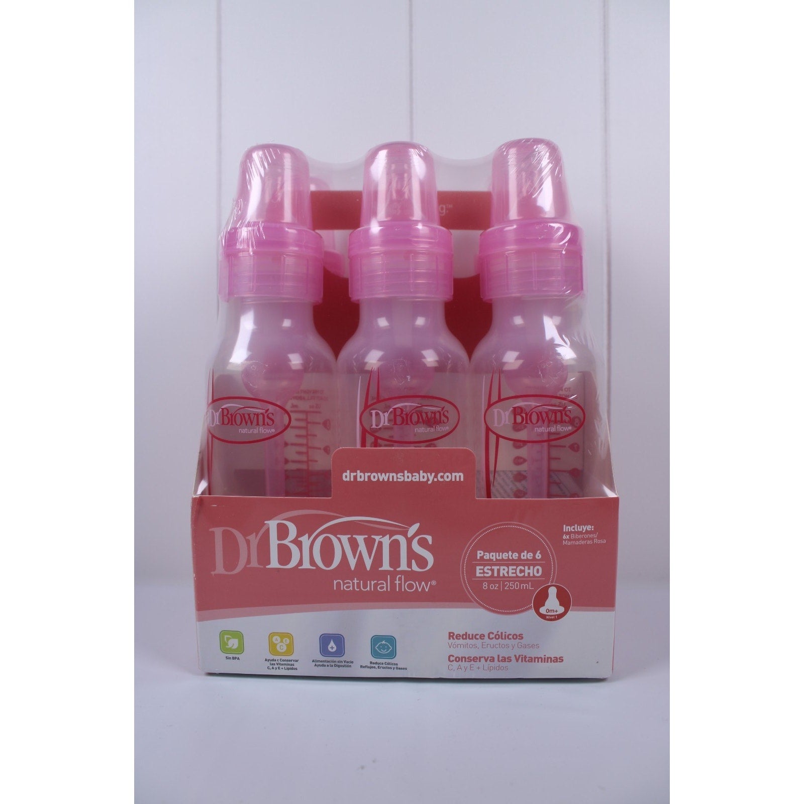 Dr Brown's Natural Flow 6-Pack Narrow - 8oz, Pink