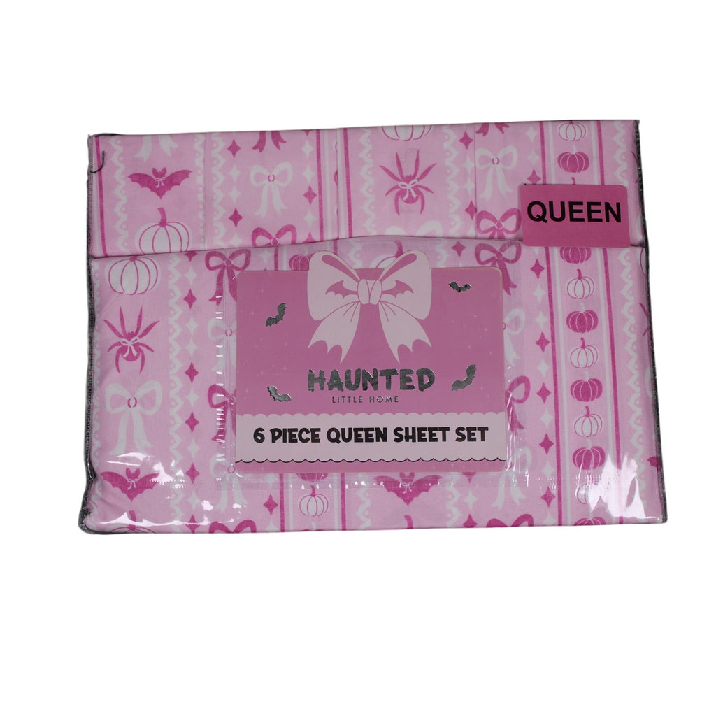 Haunted Little Home - Bats, Spiders, Bows, Pumpkins  QUEEN Sz 6 Piece Sheet Set