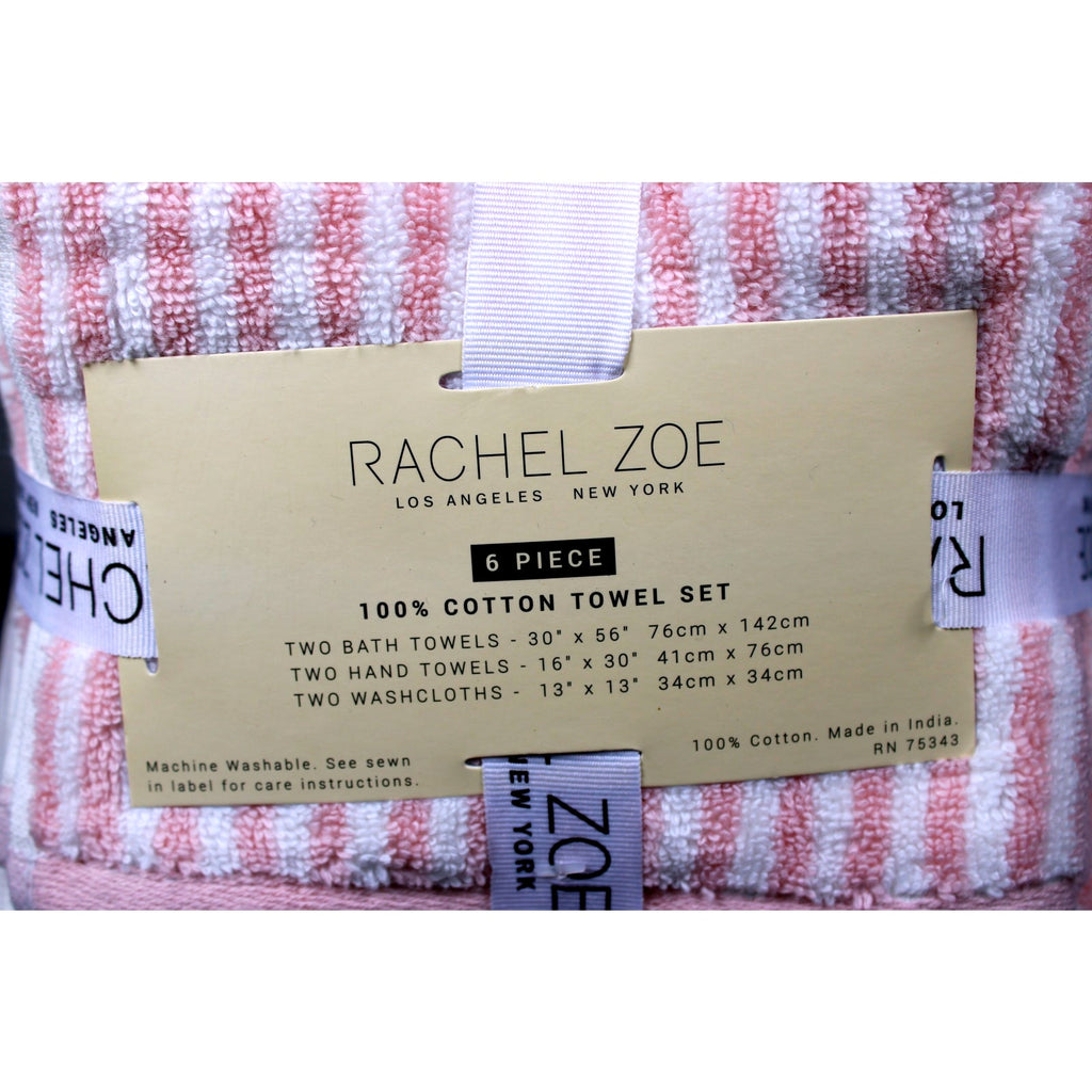 Rachel Zoe Home 6 Piece Bath Towel Set Blush Pink & White Stripes 100% Cotton, New