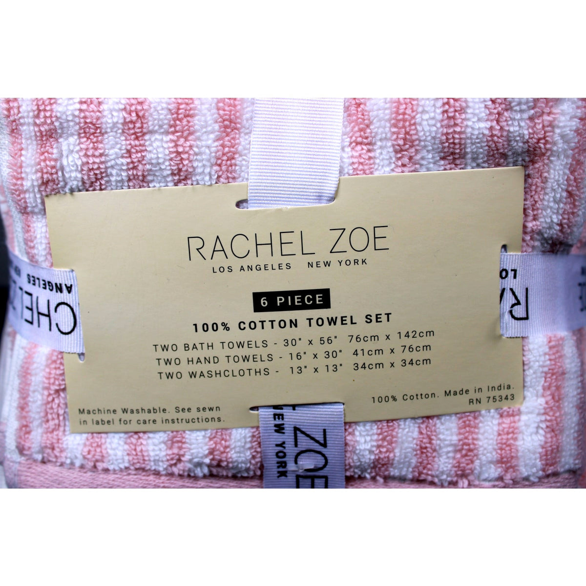 Rachel Zoe Home 6 Piece Bath Towel Set Blush Pink & White Stripes 100% Cotton, New