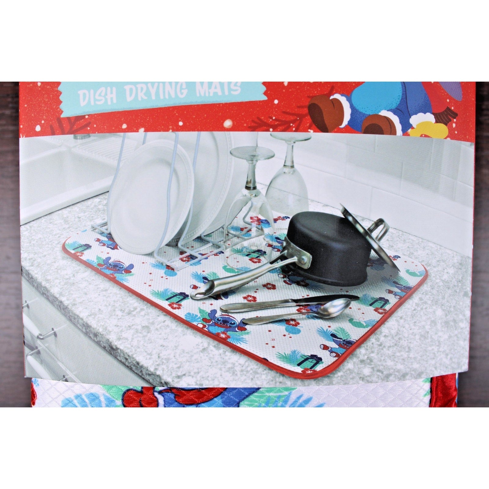 Disney Santa Hat Stitch Hawaiian Aloha Christmas Dish Drying Mat 16”x18”