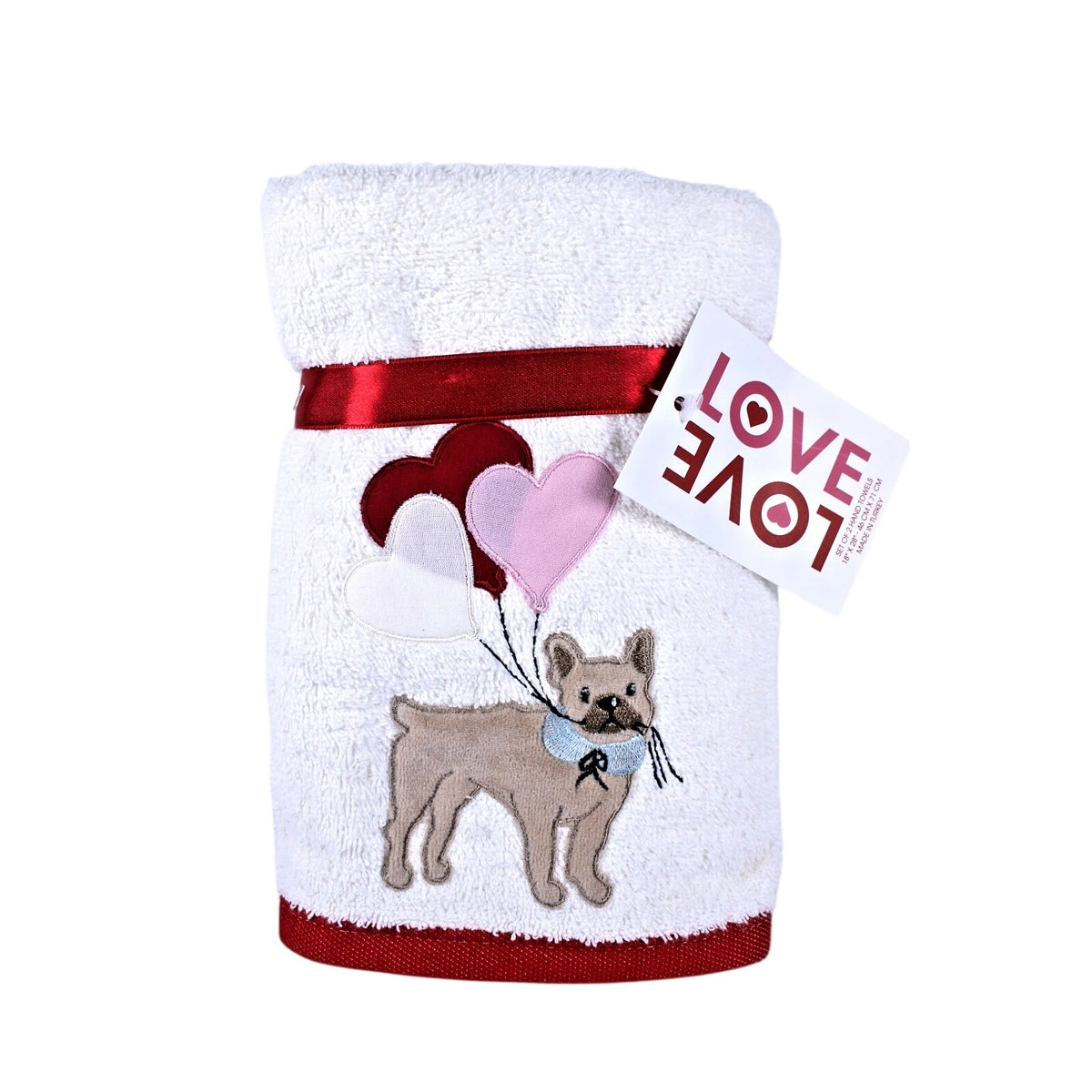 Set of 2 Hand Towels Bull Dog Valentine’s Day Love Heart Balloons Made in Turkey
