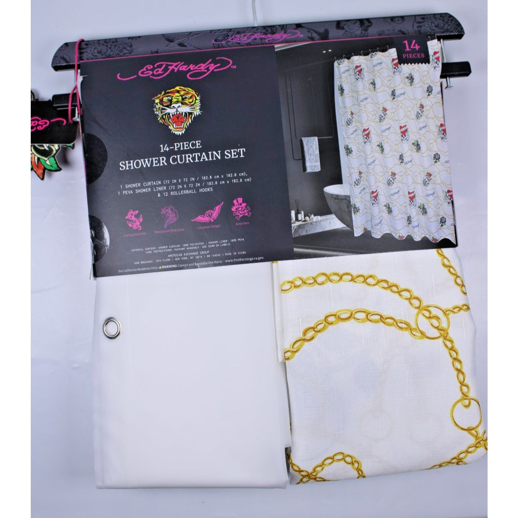 Ed Hardy 14 Piece Shower Curtain Set, White With Gold Chain and Skulls, NWT