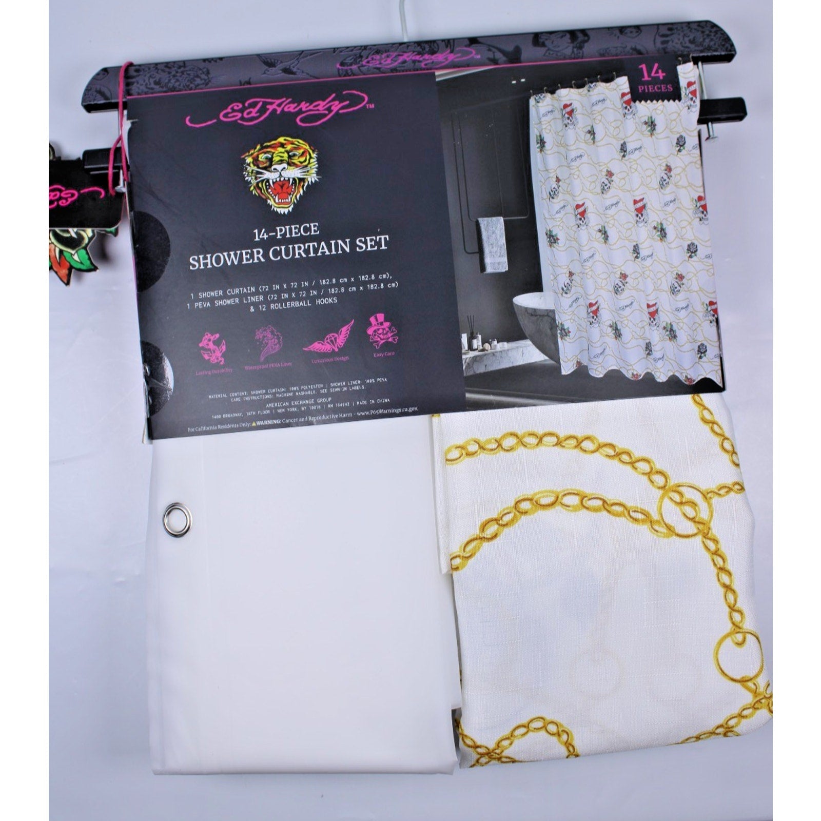 Ed Hardy 14 Piece Shower Curtain Set, White With Gold Chain and Skulls, NWT