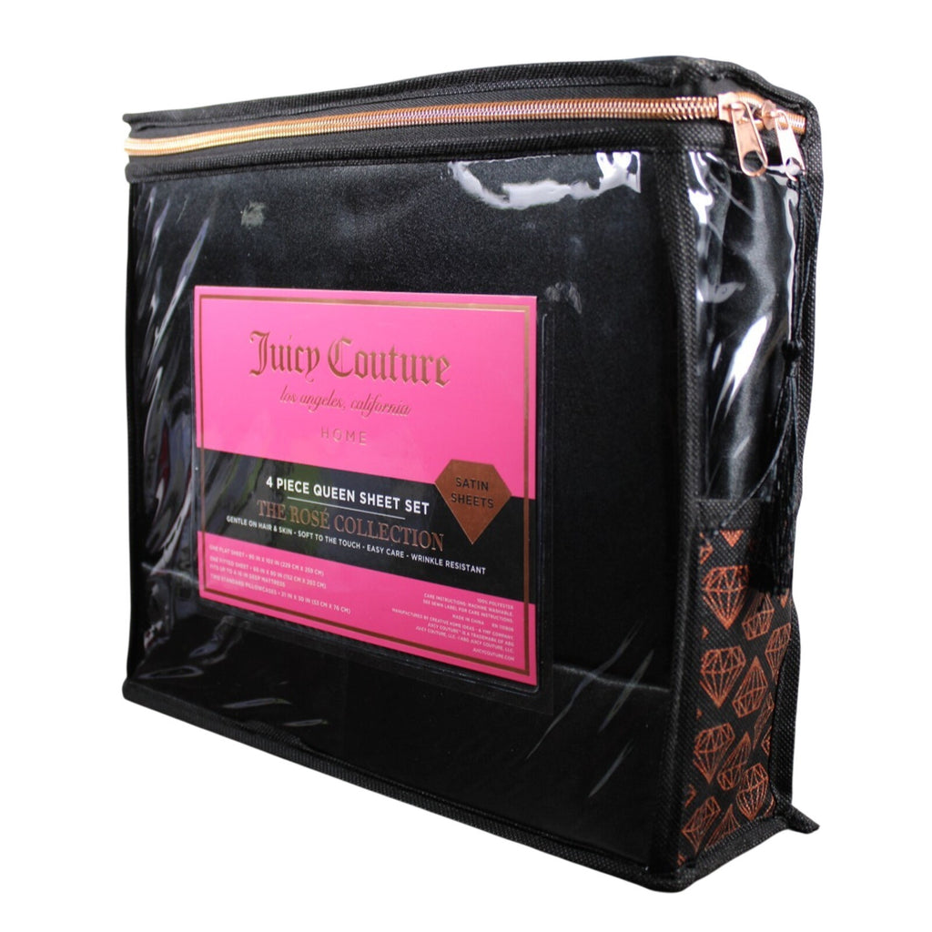 Juicy Couture Black Satin 4pc QUEEN Sheet Set Easy Care Soft Sleek Smooth