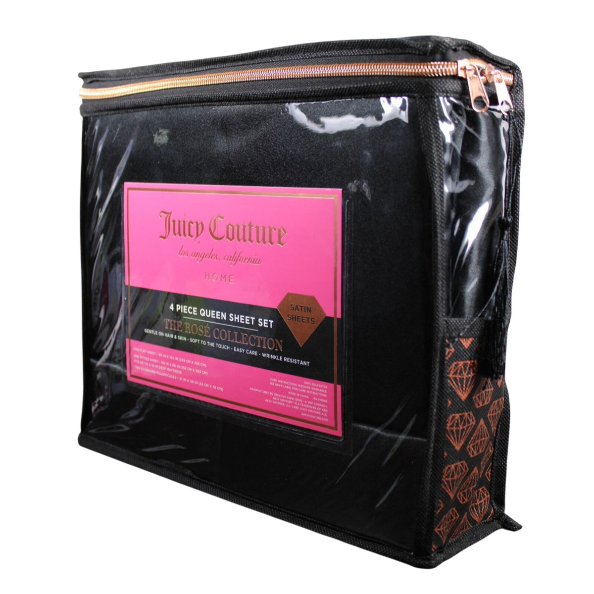 Juicy Couture Black Satin 4pc QUEEN Sheet Set Easy Care Soft Sleek Smooth