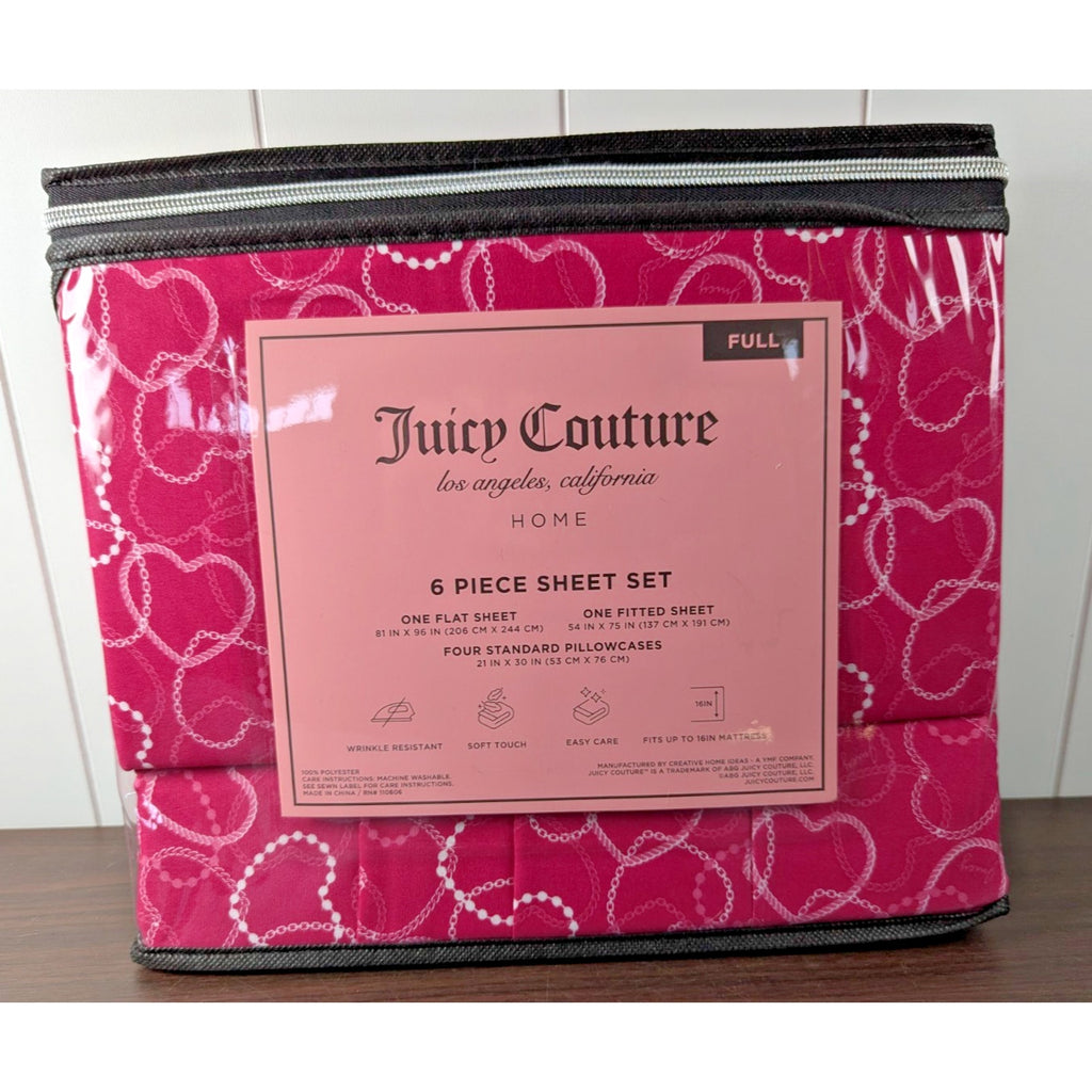 Juicy Couture Full 6pc Sheet Set, Juicy Monogram, Rose Pearl Hearts, Pink Chain
