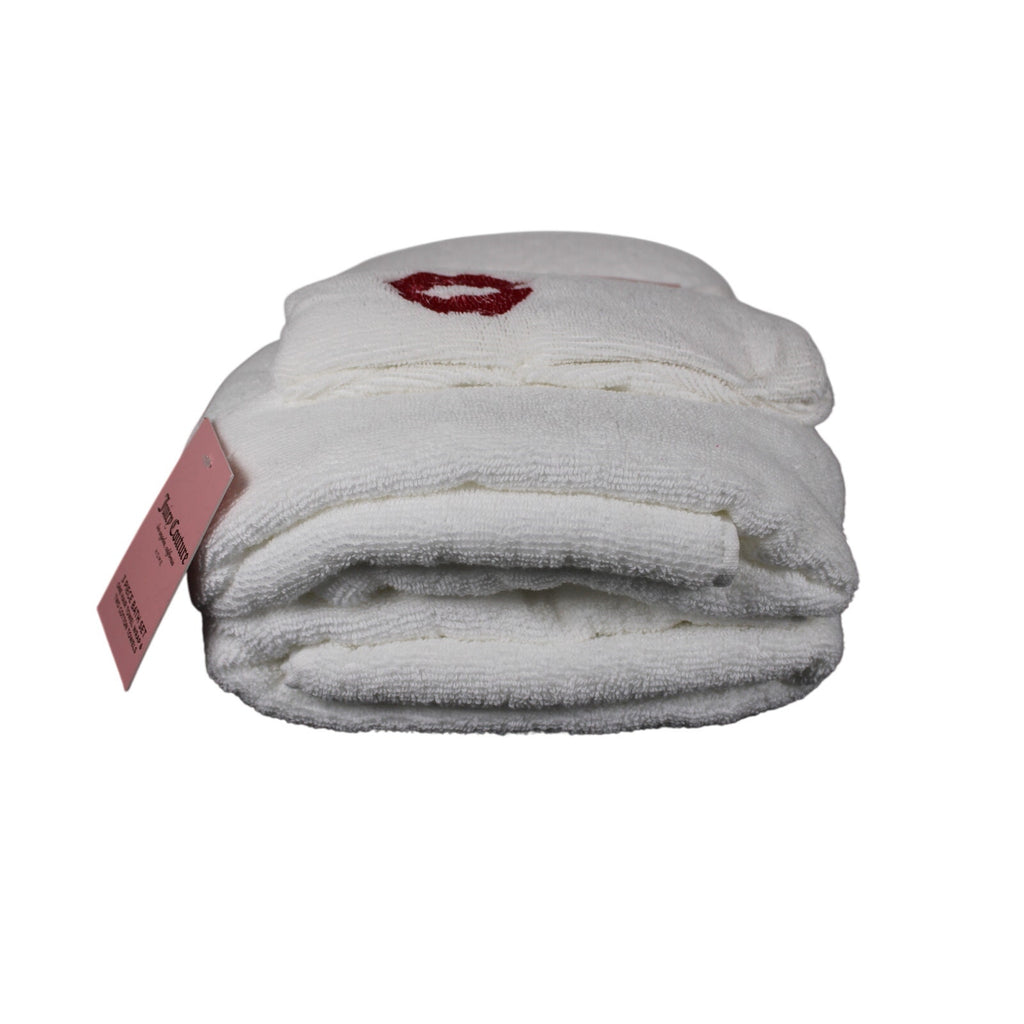 White Juicy Couture Lip Print 3-PC Bath Set Hair Wrap Towel Two Cotton Towels