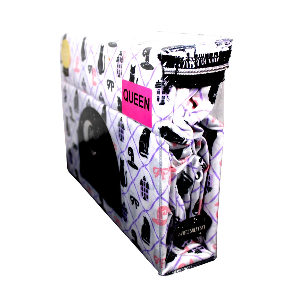 Halloween Haunted Black Cats/Hats/Bows QUEEN Mystic Moon 6 Piece Sheet Set-NWT3