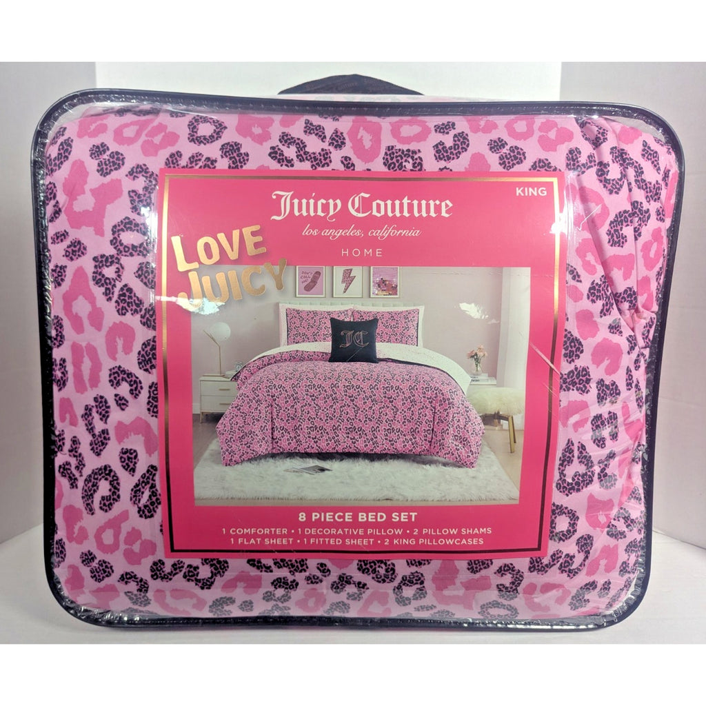 Juicy Couture Pink Black Leopard 8pc KING Bed Set Comforter Shams Sheets &Pillow