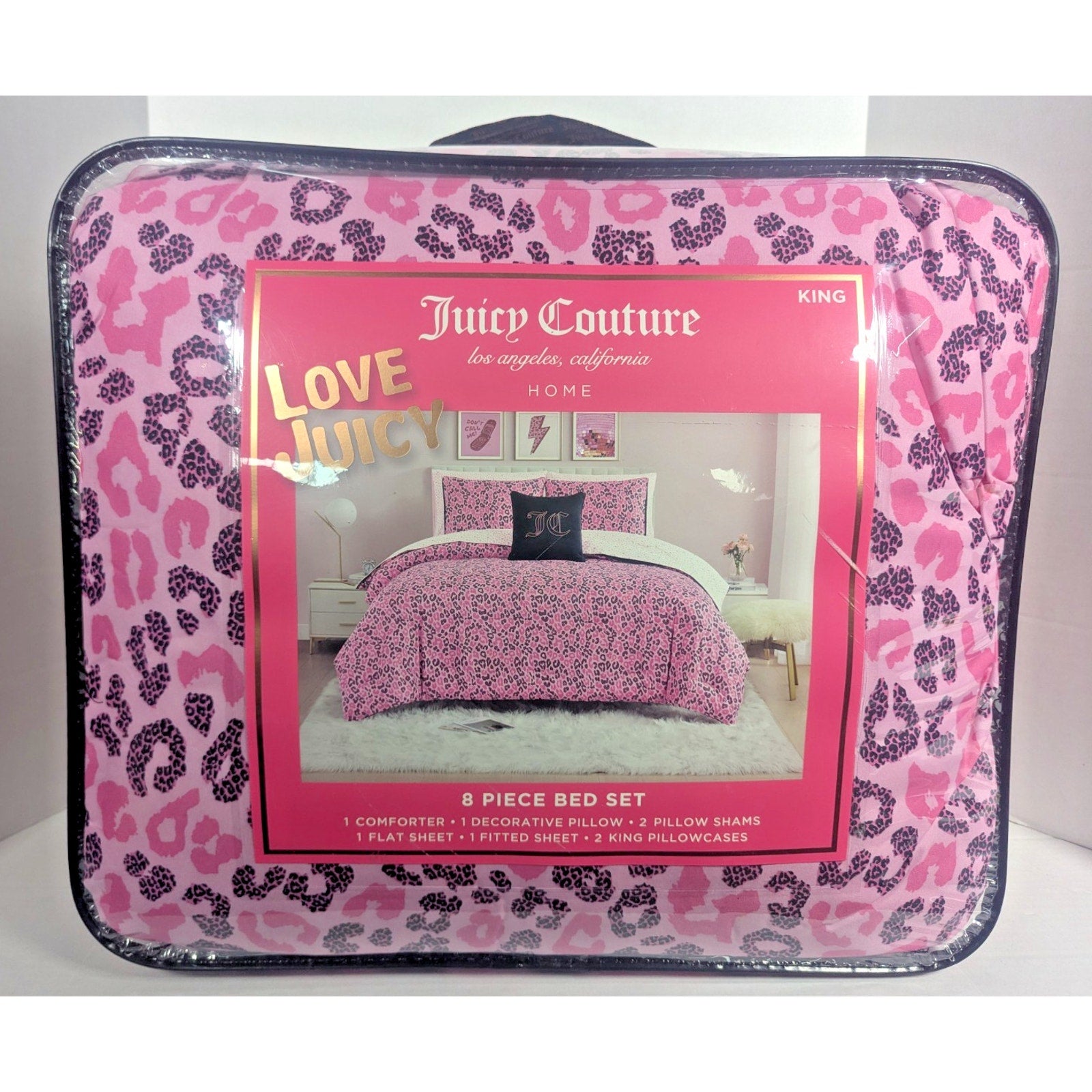 Juicy Couture Pink Black Leopard 8pc KING Bed Set Comforter Shams Sheets &Pillow