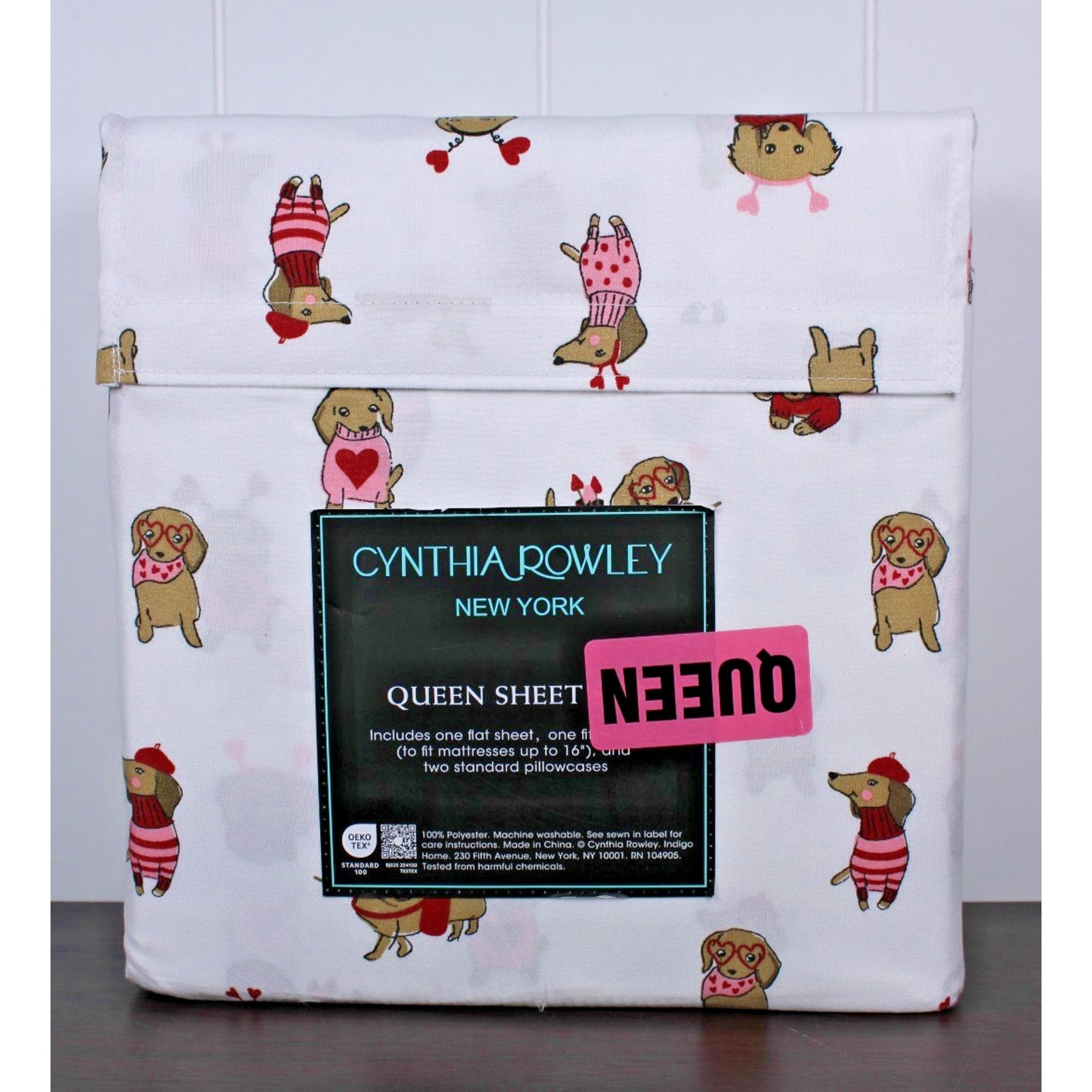 CYNTHIA ROWLEY Queen Sheet Set Weenie Dogs Valentines Hearts DACHSHUND