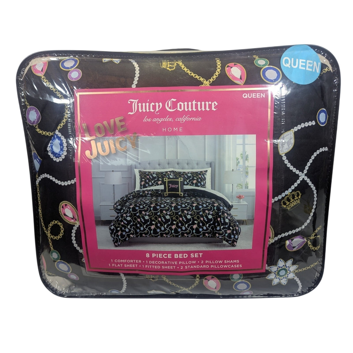 Juicy Couture Jewelery Gems Crowns QUEEN Bed Set Comforter, Shams, Sheets,Pillow