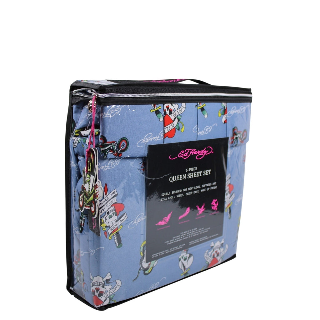 Ed Hardy QUEEN Sheet Set Blue Motorcycle Skull Love Kills Slowly Dagger 6 Piece