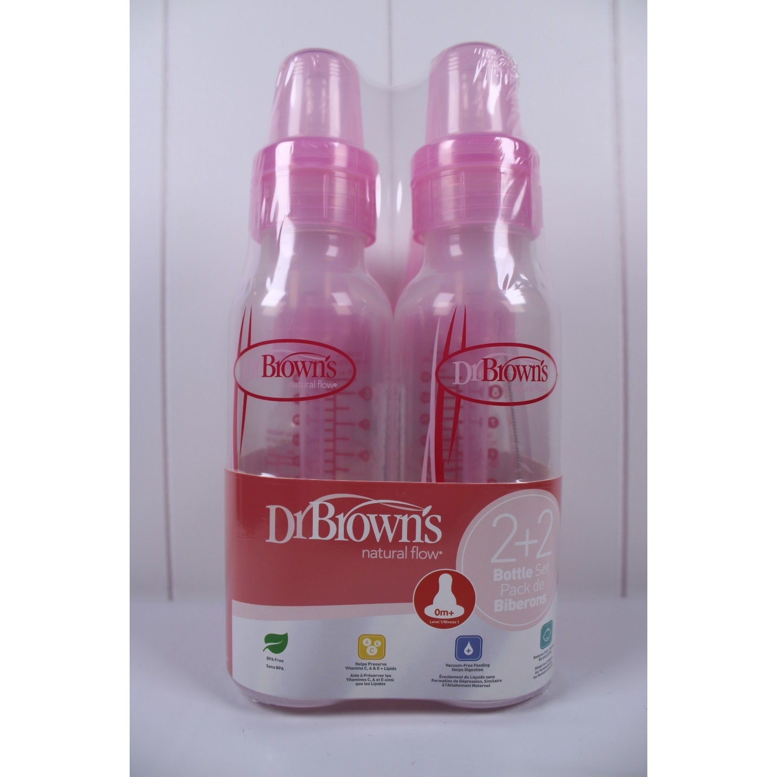 Dr Brown's Natural Flow BPA Free 0m+ Level 1 PINK 2+2 Bottles 4 Pack Set