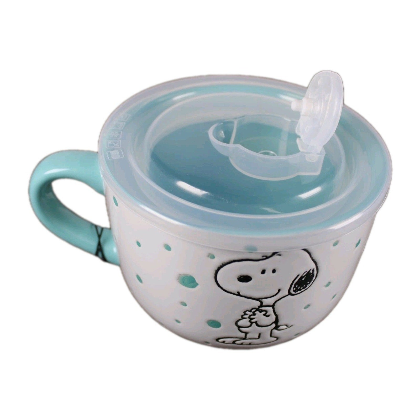 Peanuts Snoopy Microwave Soup Ramen Bowl Mug Vent Lid 25 oz Aqua Teal Turquoise