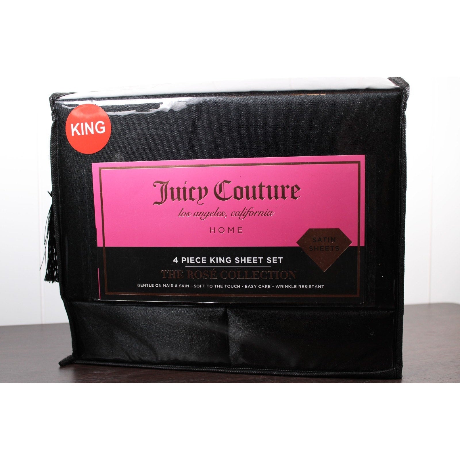 Juicy Couture Black Satin 4pc KING Sheet Set Easy Care Soft Sleek Smooth