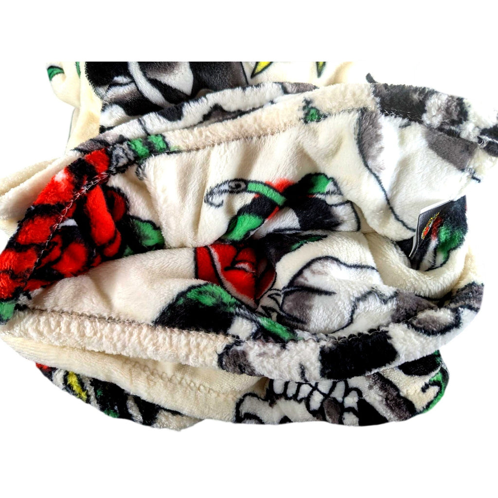 Ed Hardy Plush Throw 60x70 White Red Roses Black Roses Skull