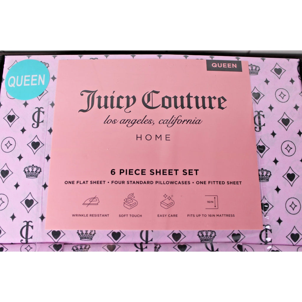 Juicy Couture Queen 6 pc Bed Sheet Set JC Logo Crown Heart Diamond Print