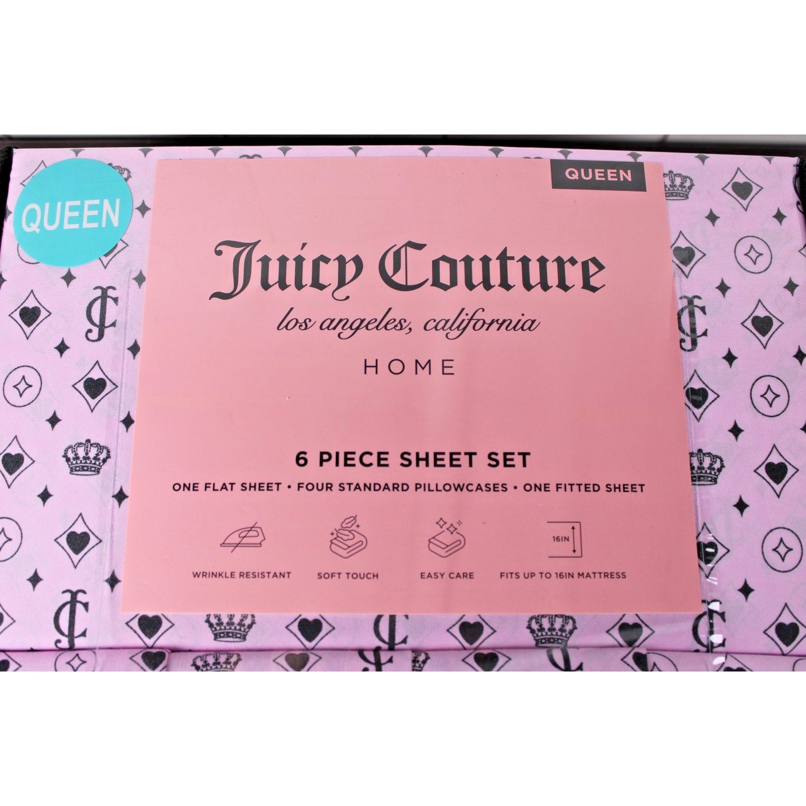 Juicy Couture Queen 6 pc Bed Sheet Set JC Logo Crown Heart Diamond Print
