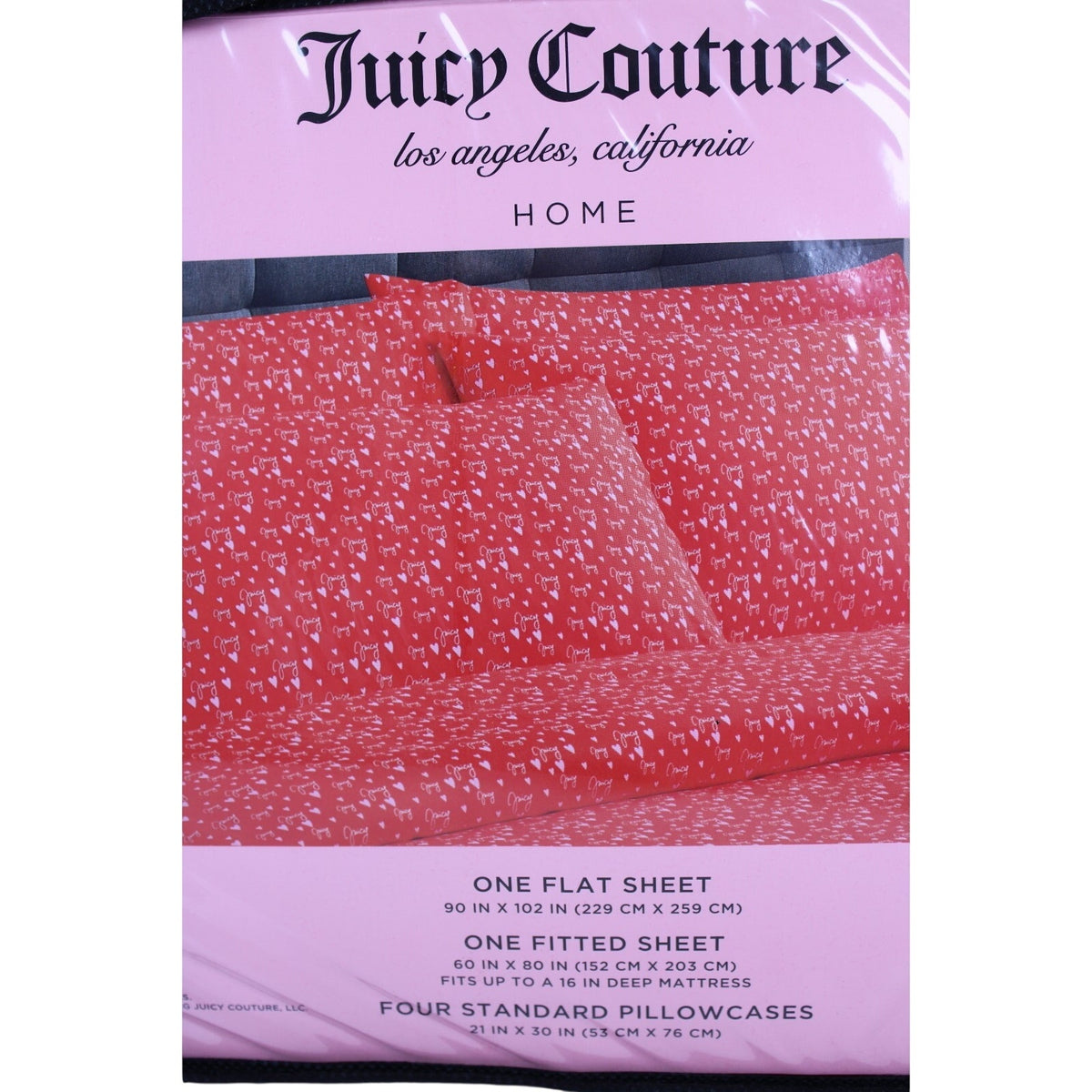Juicy Couture Queen 6psc Bed Sheet Red, Juicy Logo, Hearts