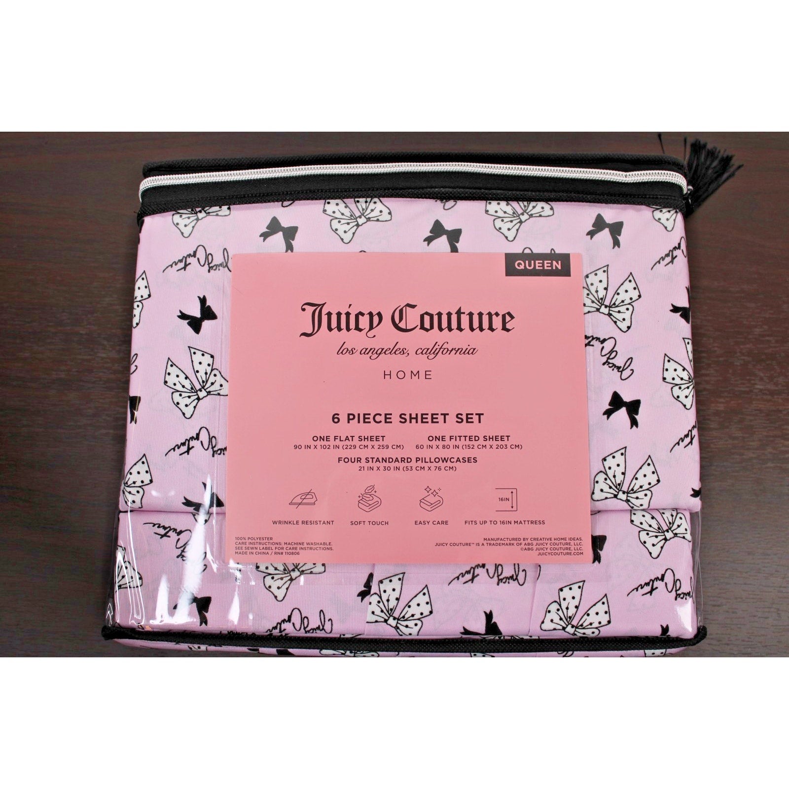 Juicy Couture Queen 6 pc Bed Sheet Set Pink & Black Polka Dot Bows