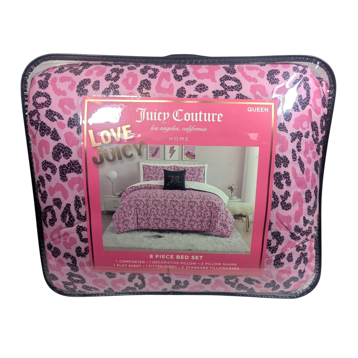 Juicy Couture Pink/Black Leopard 8pc QUEEN Bed Set Comforter,Shams,Sheets,Pillow