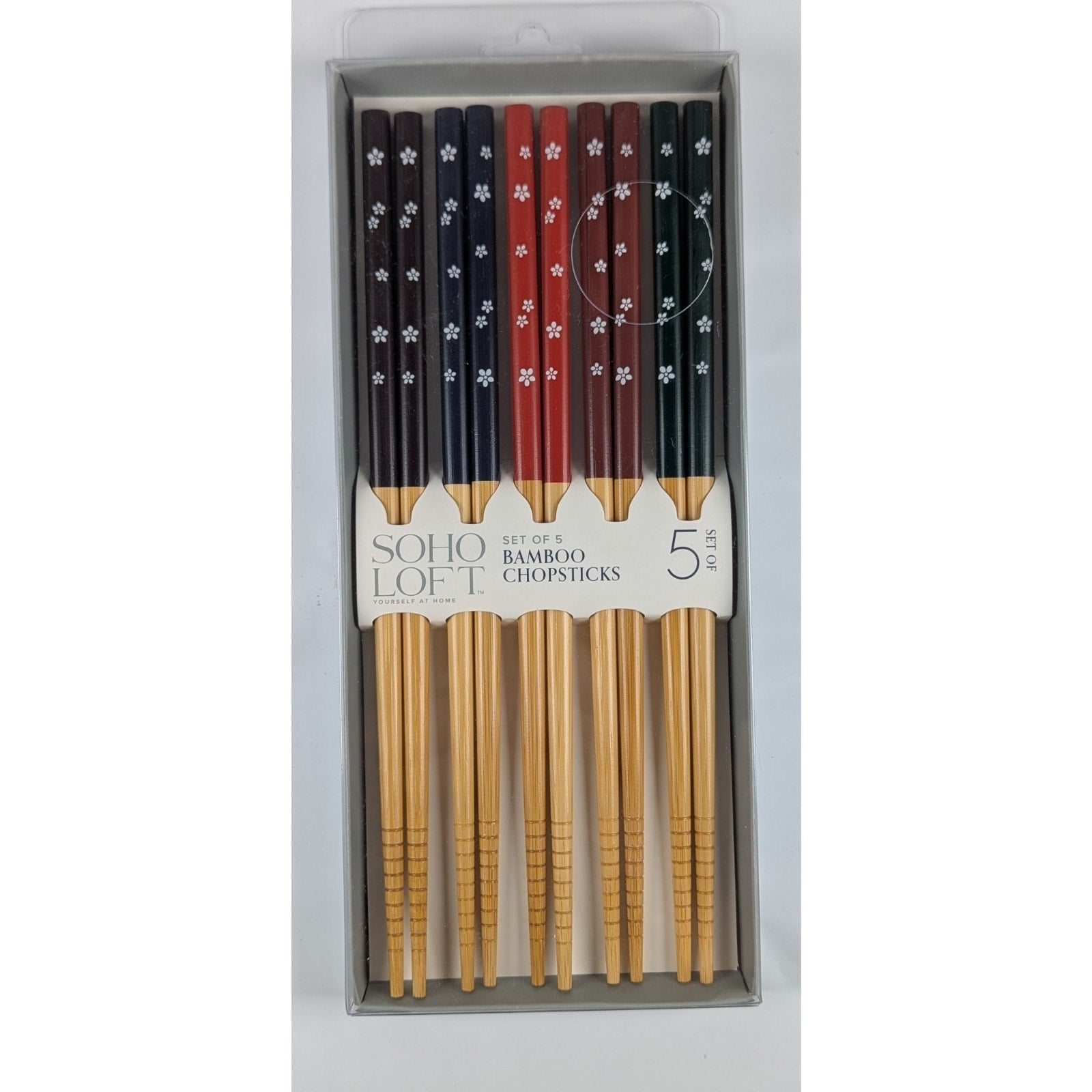 SOHO LOFT Set of 5 Durable Bamboo ChopSticks. White flower design. 5 colors