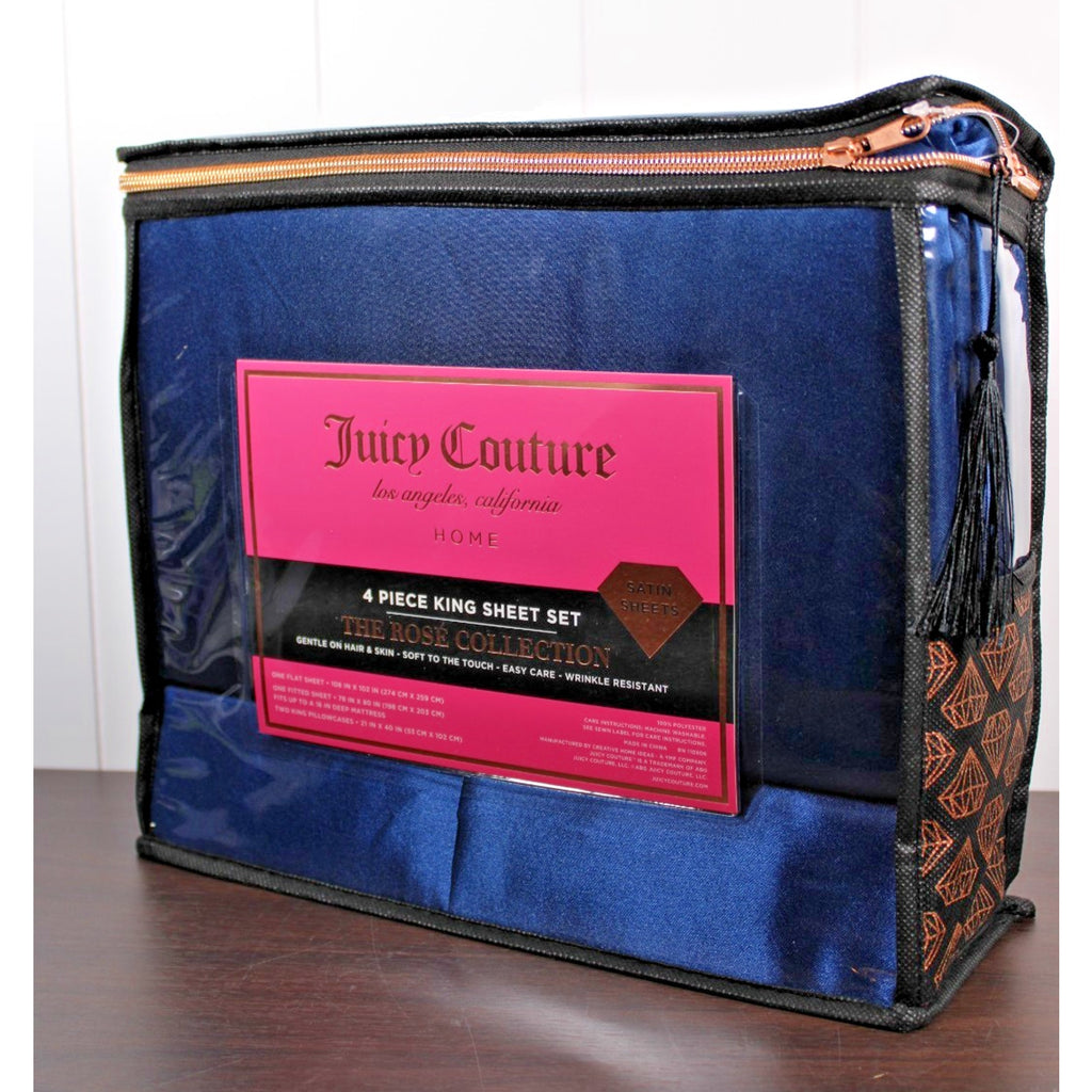 Juicy Couture Royal Blue Satin 4pc KING Sheet Set Easy Care Soft Sleek Smooth