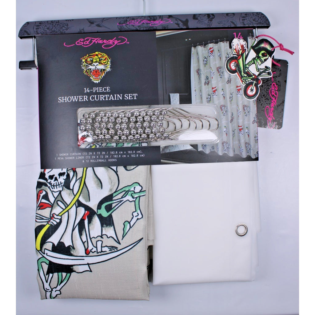 Ed Hardy 14 Piece Shower Curtain Set, Chopper Biker Skulls NWT